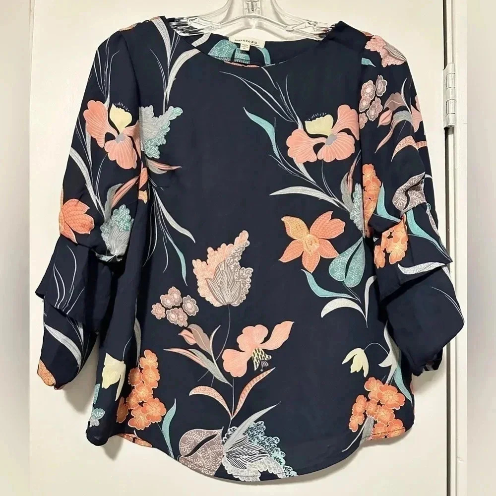 Monteau navy blue floral blouse size L - Picture 1 of 6